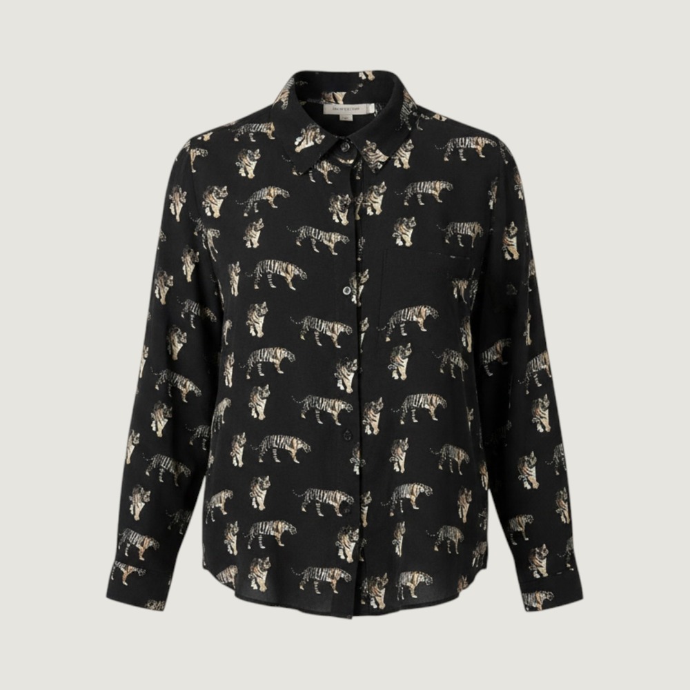 Alice + Olivia Black Tiger Print Silk Blend Button Down Blouse Top Size 0